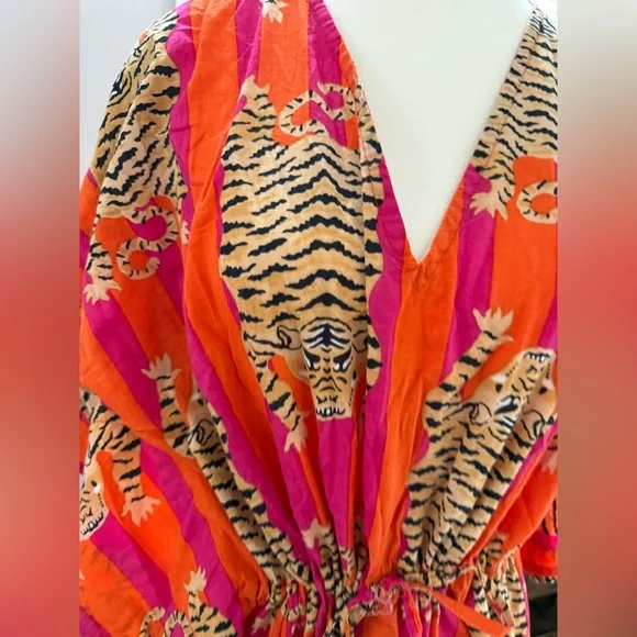 Vibrant Tiger Print Orange  Kaftan Dress One Size - Picture 3 of 6